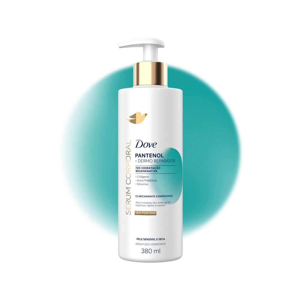 Sérum Corporal Dove Pantenol + Dermo Reparador 380ml em embalagem branca com aplicador dourado.